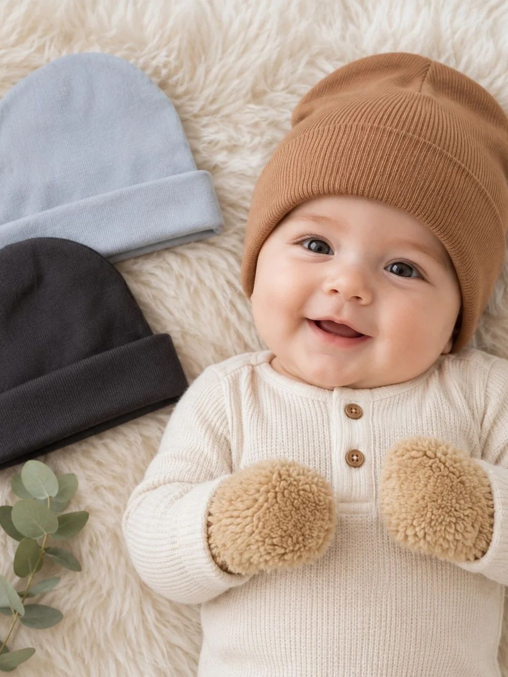 Baby Beanie Hat Set Newborn Infant Ribbed Knit Beanies & Mittens Neutral  #542